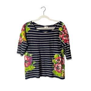 Meadow Rue Anthropologie Boho Preppy Stripe Floral Casual Short Sleeve Blouse